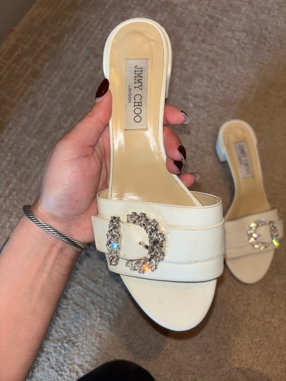 Jimmy Choo Ivory Crystal Buckle Slide Mules - Picture 3 of 4